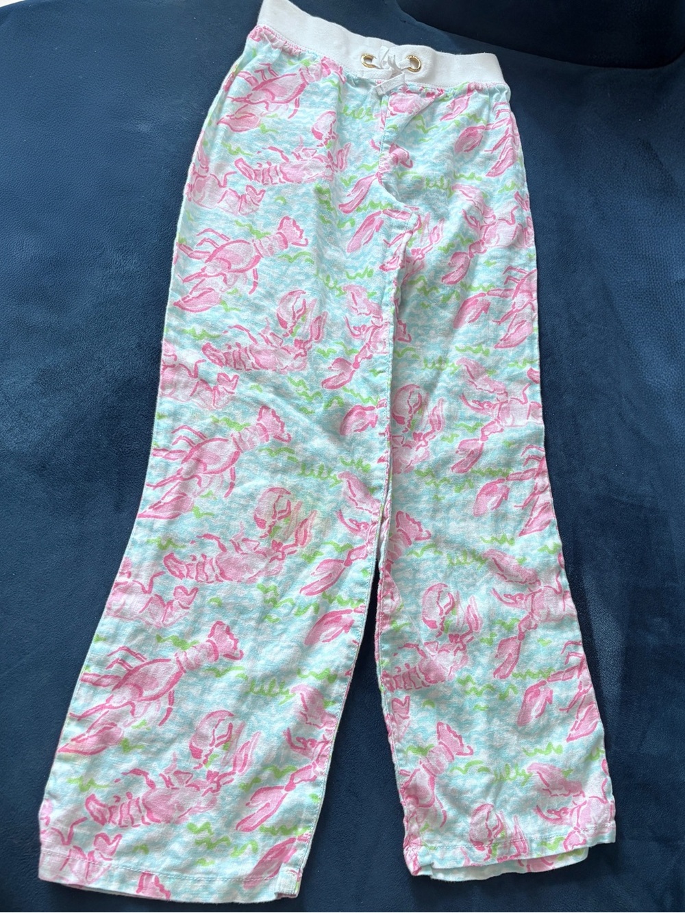 Lilly Pulitzer Girl’s Lounge Pant 100% Linen Spa Blue Lobstah Roll Size Large